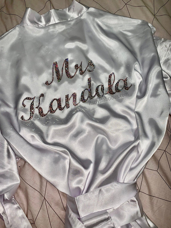Mrs Surname satin robe - Script MT Bold Crystal AB *