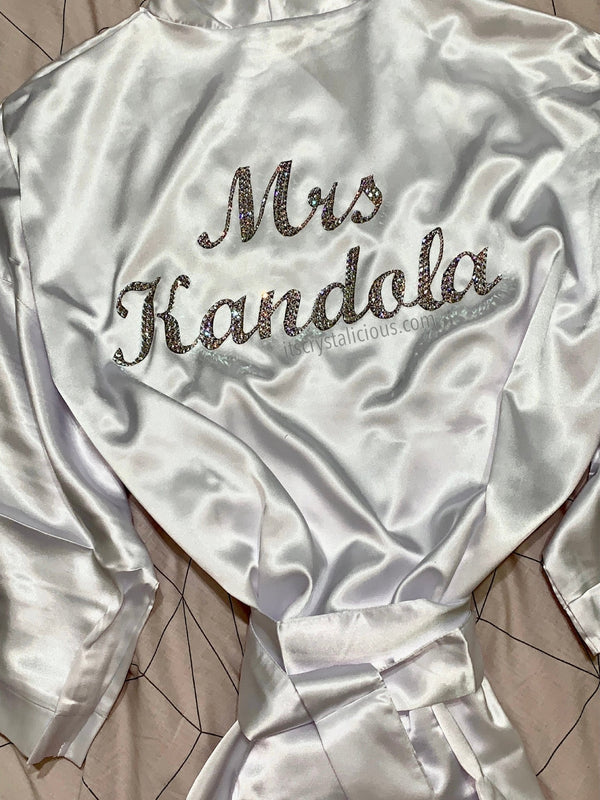 Mrs Surname satin robe - Script MT Bold Crystal AB *