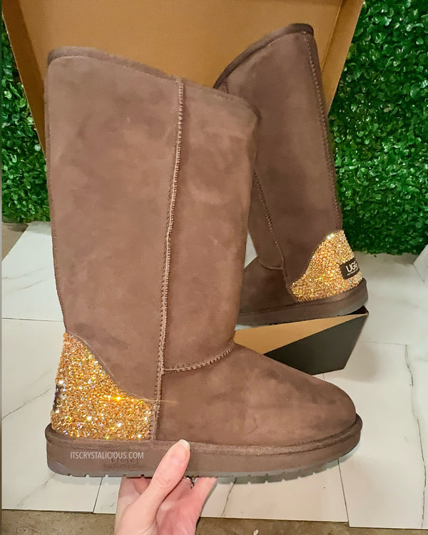 Embellished Tall Genuine Ugg Boots - Chocolate/Golden Honey*