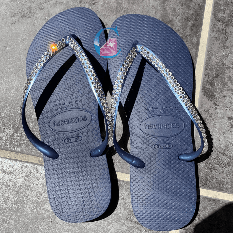 Navy Thin Strap Havaianas with Crystal Clear - 2 Rows * - It's Crystalicious®