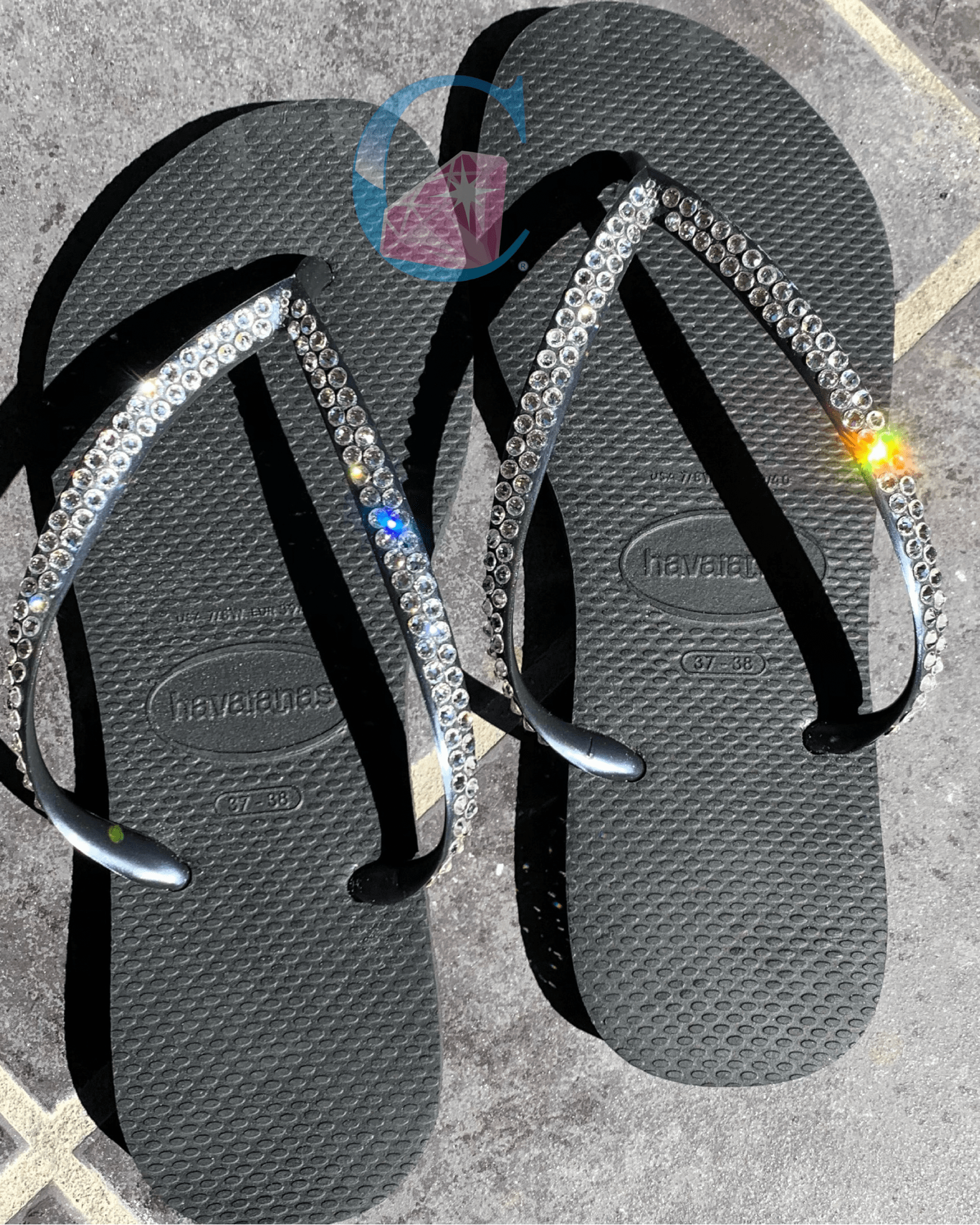 Black Thin Strap Havaianas with Crystal Clear - 2 Rows * - It's Crystalicious®