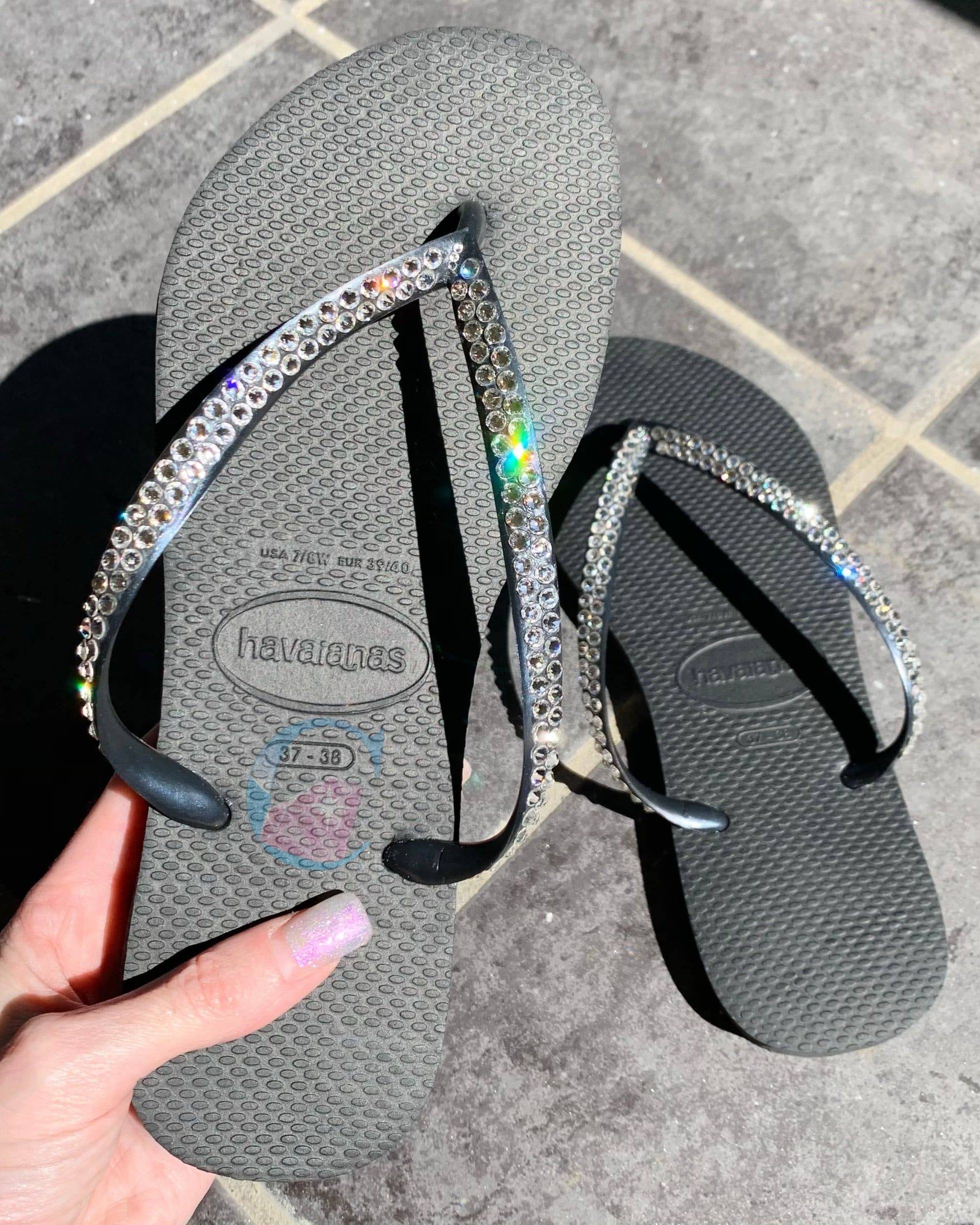 Black Thin Strap Havaianas with Crystal Clear - 2 Rows * - It's Crystalicious®