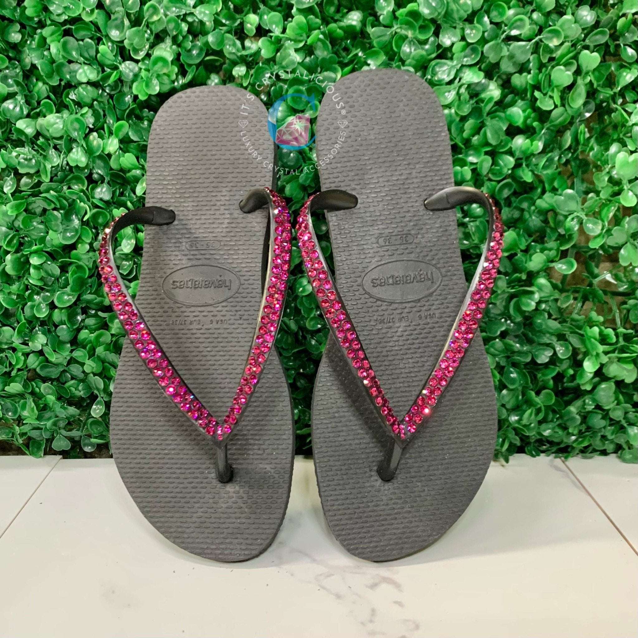 Black Thin Strap Havaianas/Fuchsia - 2 Rows * - It's Crystalicious®