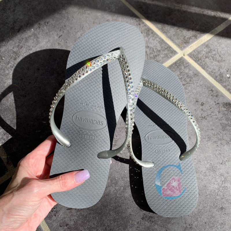 Silver Thin Strap embellished Havaiana Flip Flops - 2 Rows * - It's Crystalicious®