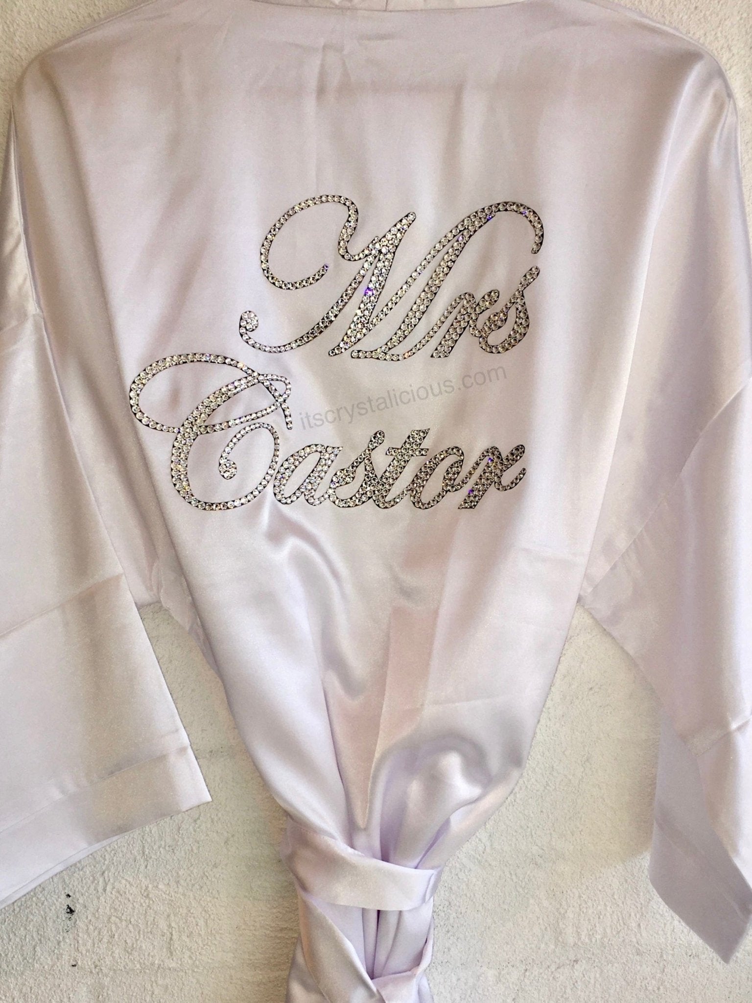 White Personalised Crystal Satin Robe - Mrs* - It's Crystalicious®