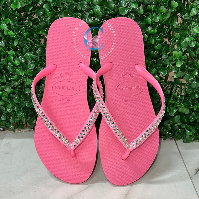 Hot Pink Thin Strap Havaiana/Crystal - 2 Rows *