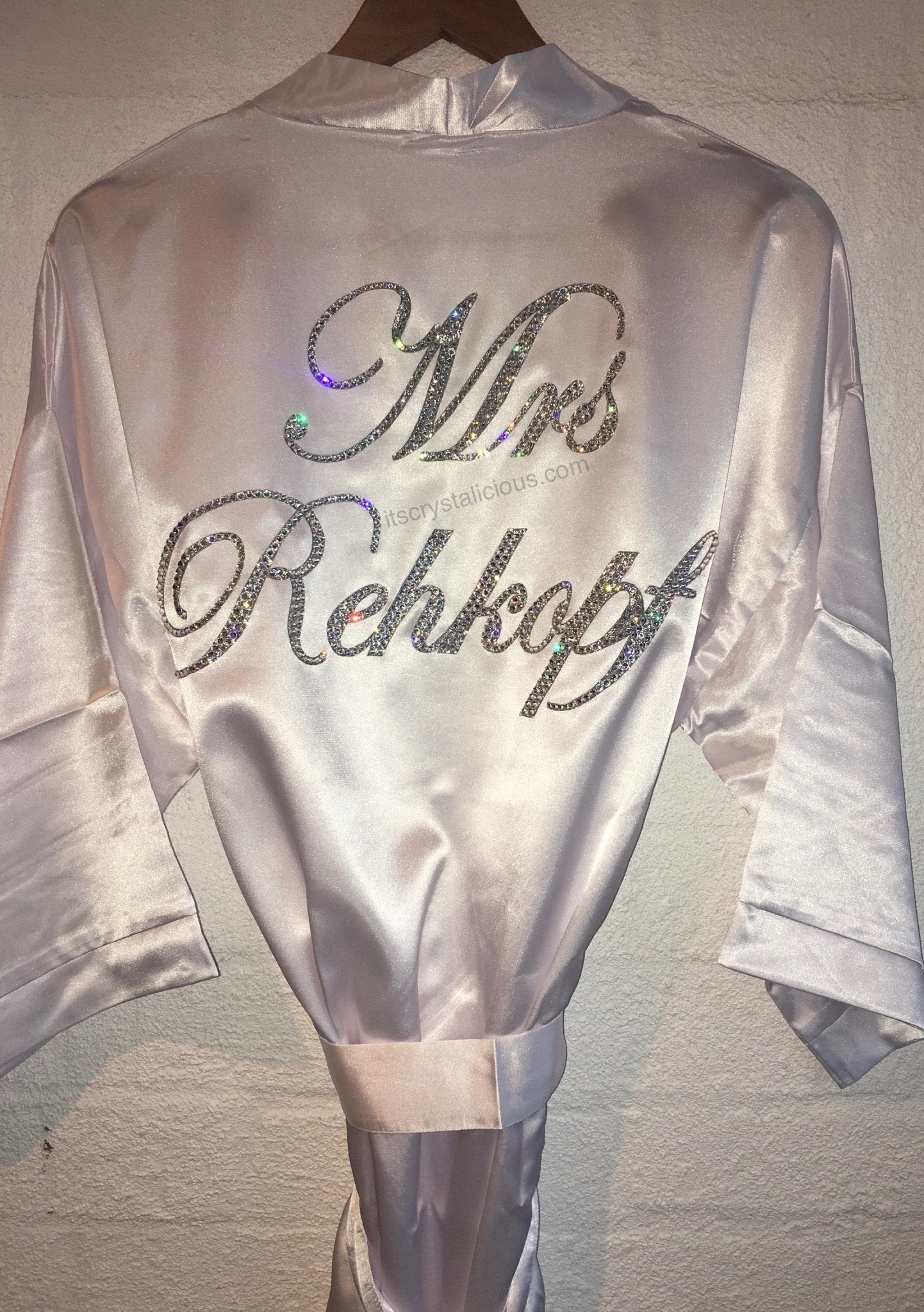 White Personalised Crystal Satin Robe - Mrs* - It's Crystalicious®