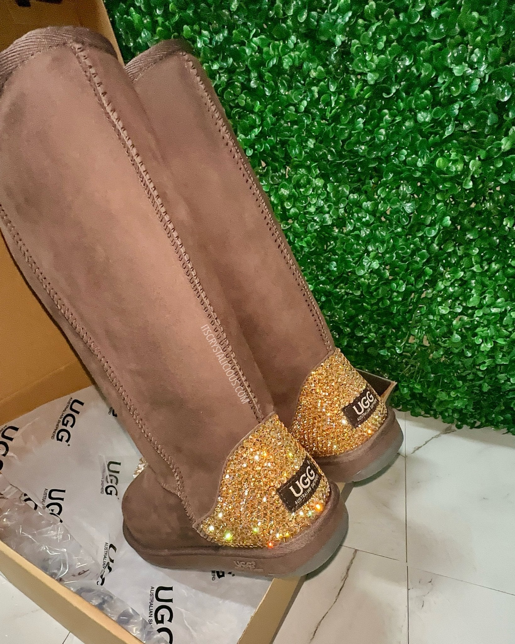 Embellished Tall Genuine Ugg Boots - Chocolate/Golden Honey* - It's Crystalicious®