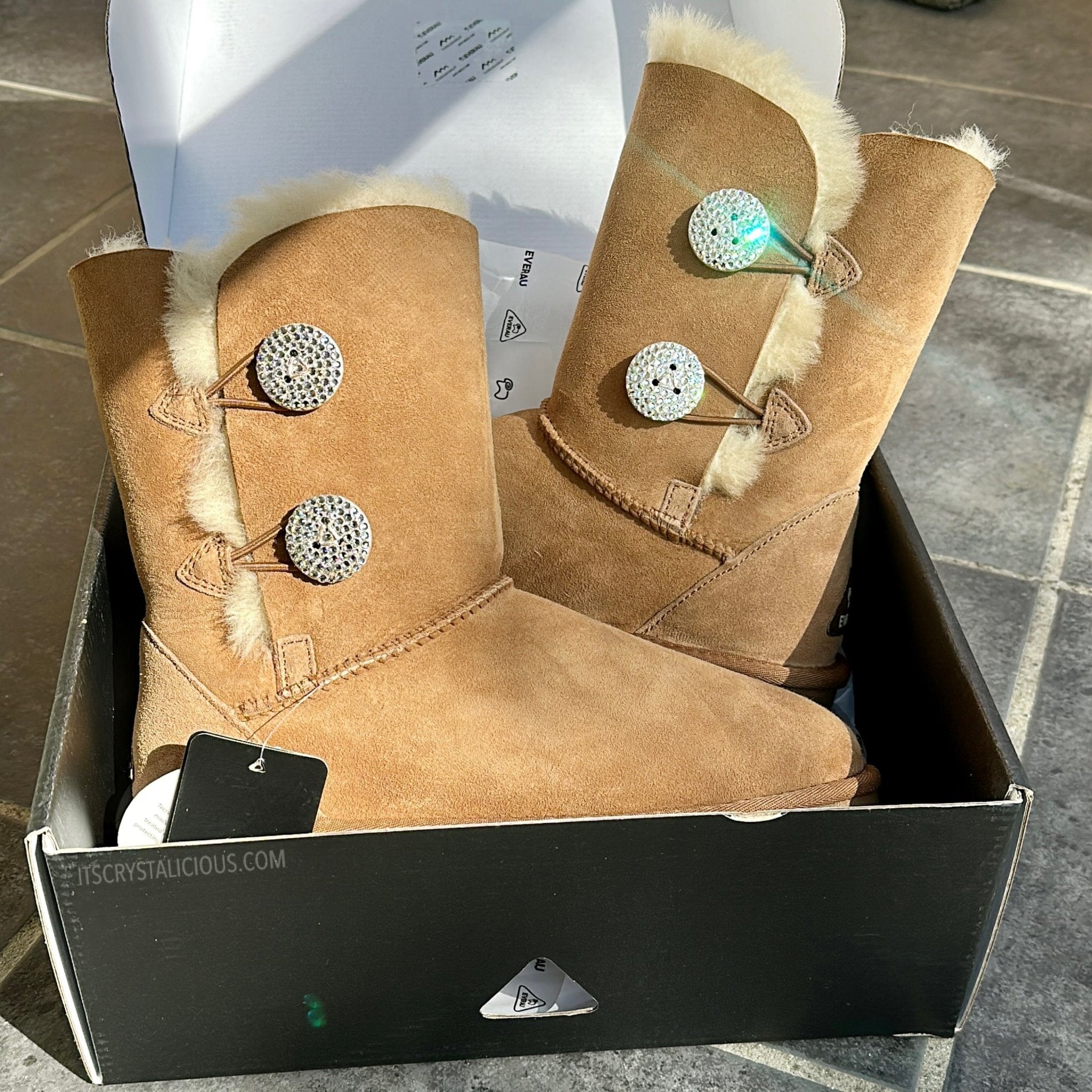 Chestnut/Crystal Short Authentic Ugg Boots - 2 Buttons* - It's Crystalicious®