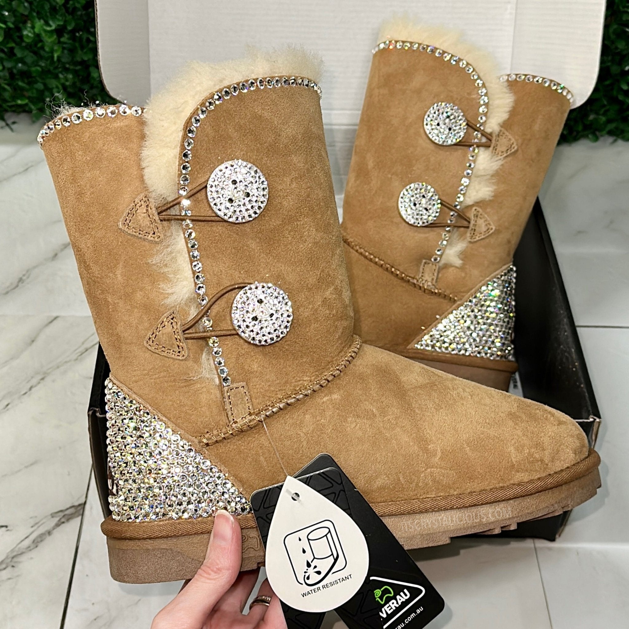 Chestnut/Crystal Short Authentic Ugg Boots - 2 Buttons/Heel Cap/Outline* - It's Crystalicious®