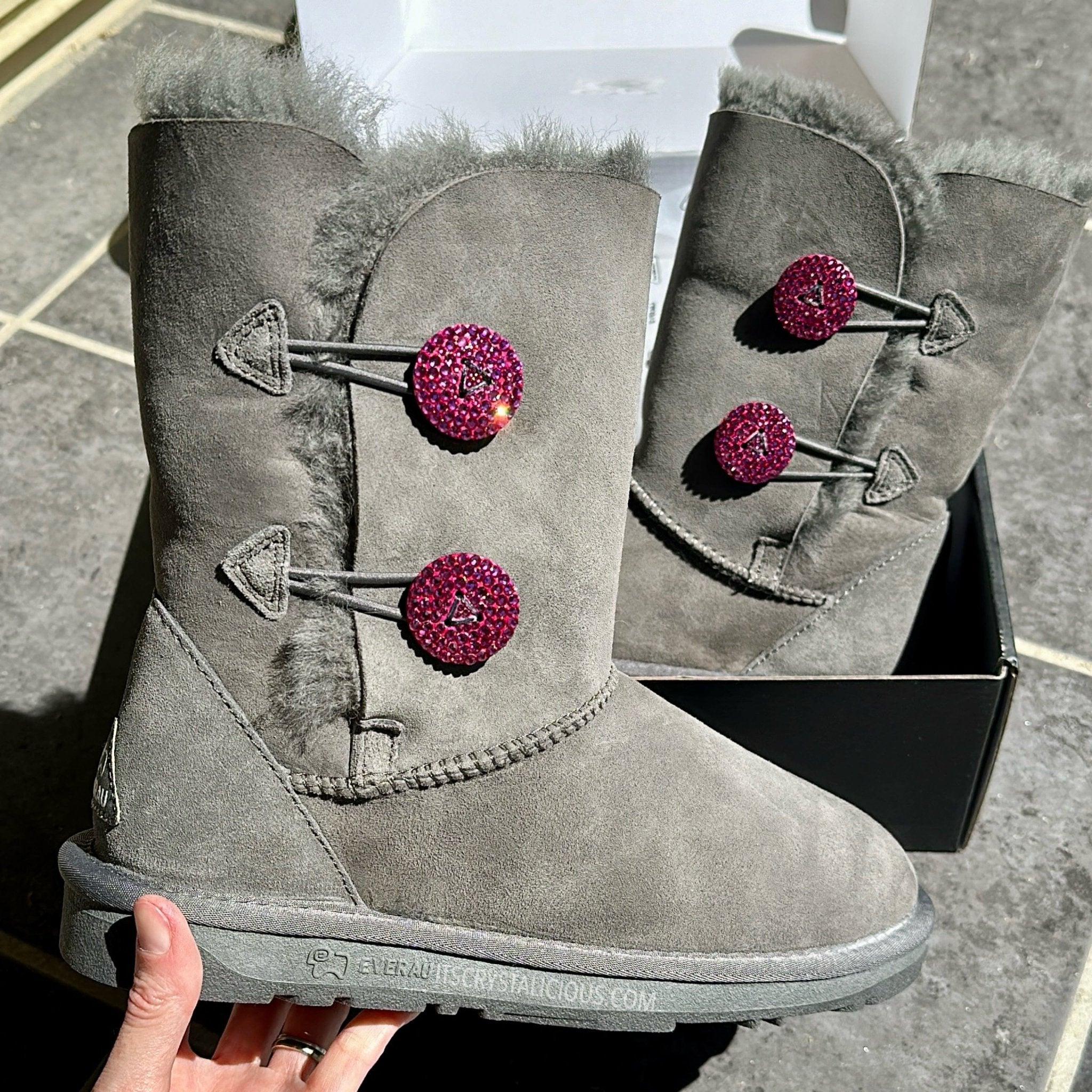 Grey/Fuchsia Short Authentic Ugg Boots - 2 Buttons* - It's Crystalicious®