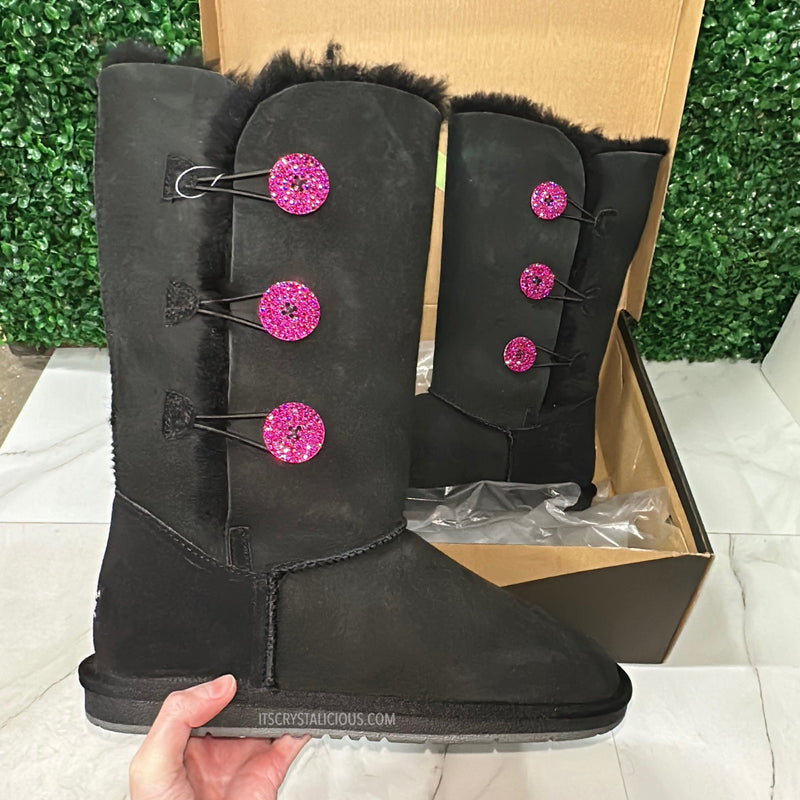 Black/Fuchsia Tall Embellished Genuine Ugg Boots - 3 Buttons  *