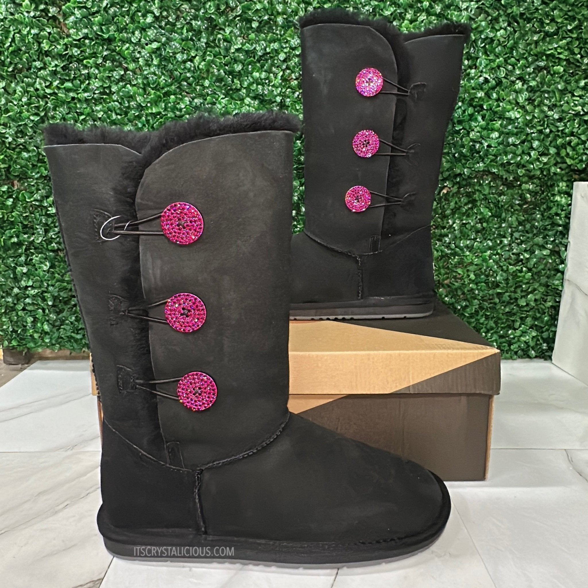 Black/Fuchsia Tall Embellished Genuine Ugg Boots - 3 Buttons * - It's Crystalicious®