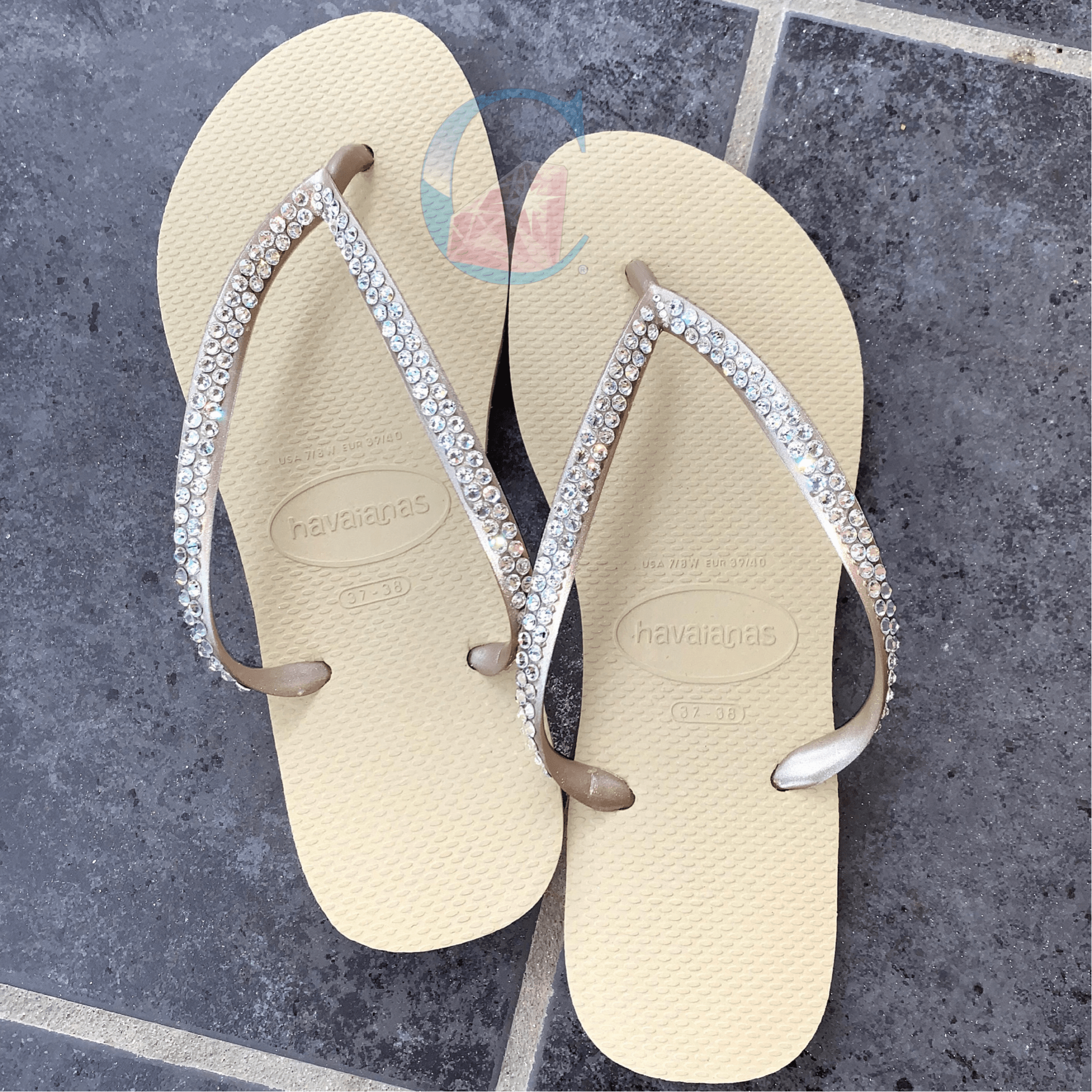 Gold Thin Strap Havaianas with Crystal Clear - 2 Rows* - It's Crystalicious®