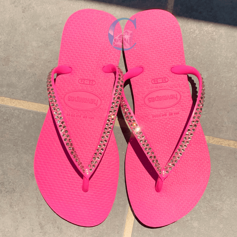 Hot Pink Thin Strap Havaianas with Vintage Rose - 2 Rows * - It's Crystalicious®