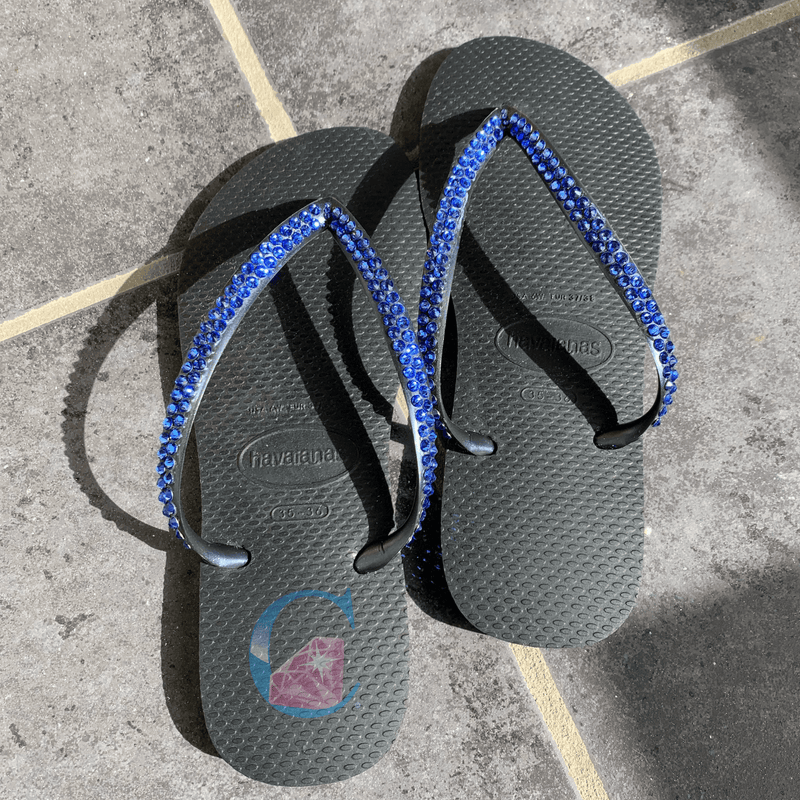 Black Thin Strap Havaianas with Sapphire - 2 Rows * - It's Crystalicious®