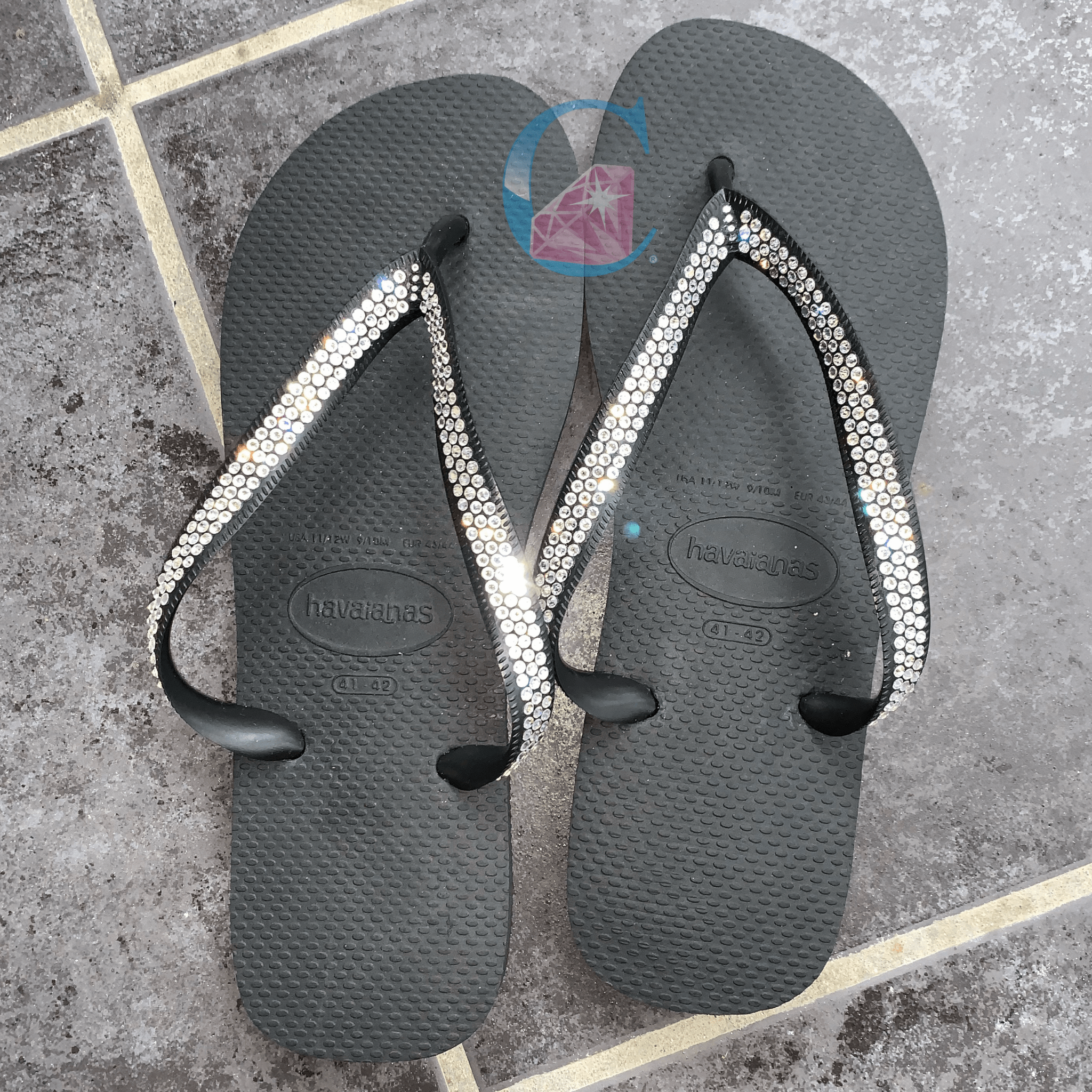 Black Thick Strap Havaianas with Crystal Clear - 3 Rows * - It's Crystalicious®