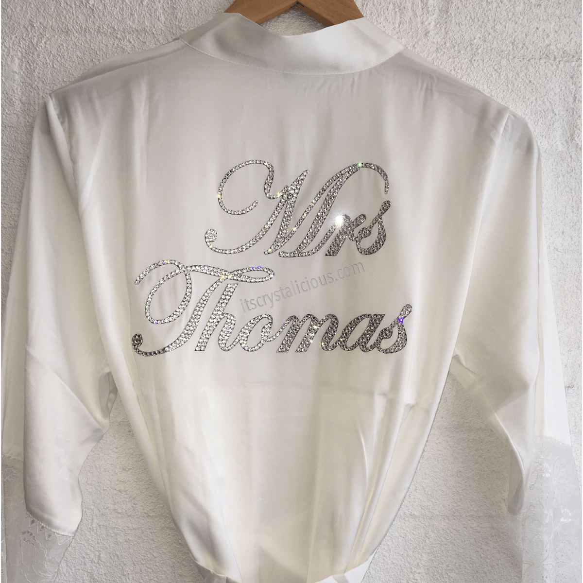 White Personalised Crystal Satin Robe - Mrs*– It's Crystalicious®