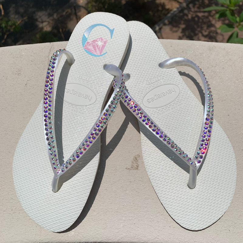 White Thin Strap embellished Havaianas - 2 Rows * - It's Crystalicious®
