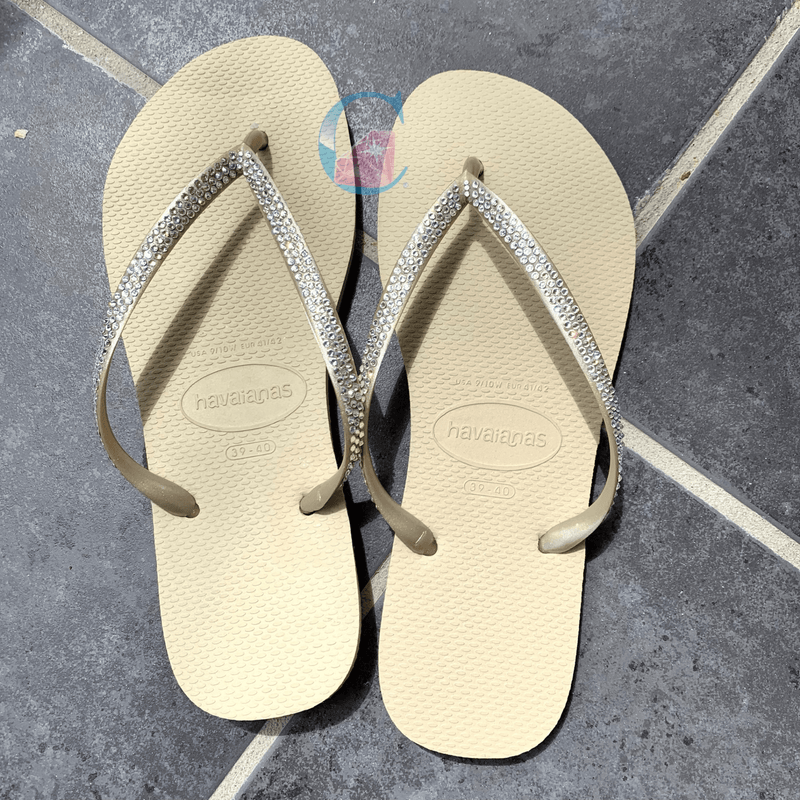 Gold Thin Strap Havaianas with Crystal Clear - 3 Rows * - It's Crystalicious®